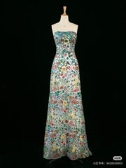 Vintage A Line Strapless Sequin Floral Long Prom Dresses Evening Dress HZ1024