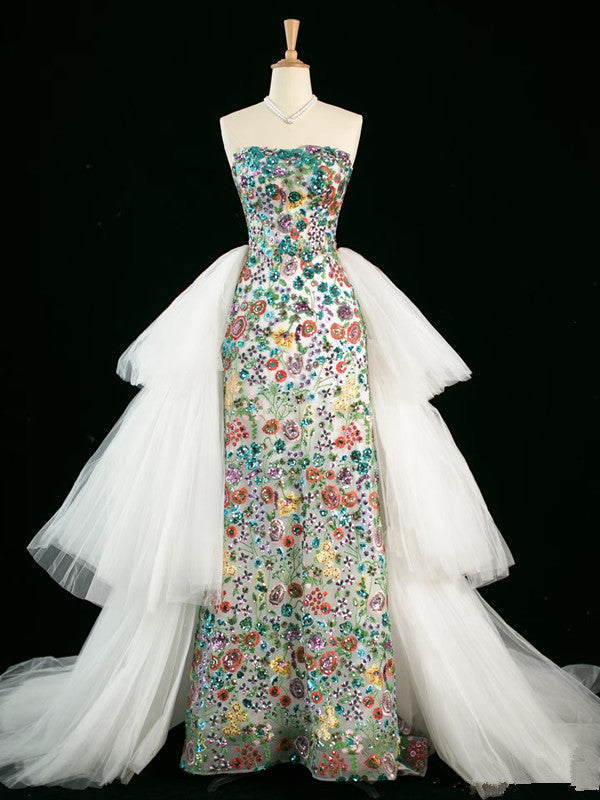 Vintage A Line Strapless Sequin Floral Long Prom Dresses Evening Dress HZ1024