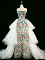 Vintage A Line Strapless Sequin Floral Long Prom Dresses Evening Dress HZ1024