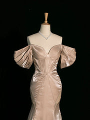 Pretty Mermaid Off The Shoulder Satin Long Champagne Prom Dresses Party Evening Dress HZ1024