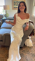 Pretty Sheath Off The Shoulder White Satin Long Prom Dresses Party Evening Dress HZ1024