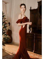 Pretty Mermaid Off The Shoulder Burgundy Satin Long Prom Dresses Party Evening Dress HZ1024