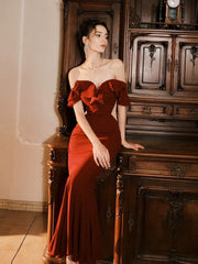 Pretty Mermaid Off The Shoulder Burgundy Satin Long Prom Dresses Party Evening Dress HZ1024