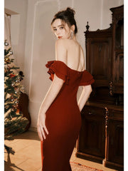 Pretty Mermaid Off The Shoulder Burgundy Satin Long Prom Dresses Party Evening Dress HZ1024