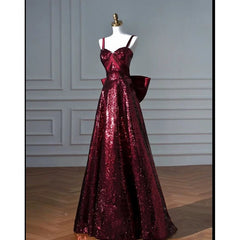 Pretty A line Spaghetti Straps Burgundy Sequin Long Prom Dresses Party Evening Dress HZ1024
