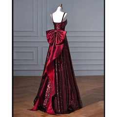 Pretty A line Spaghetti Straps Burgundy Sequin Long Prom Dresses Party Evening Dress HZ1024