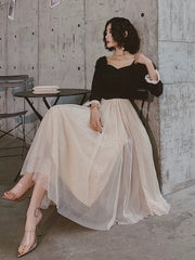 Pretty A line Square Neckline Long Sleeves Black Prom Dresses Party Evening Dress HZ1024