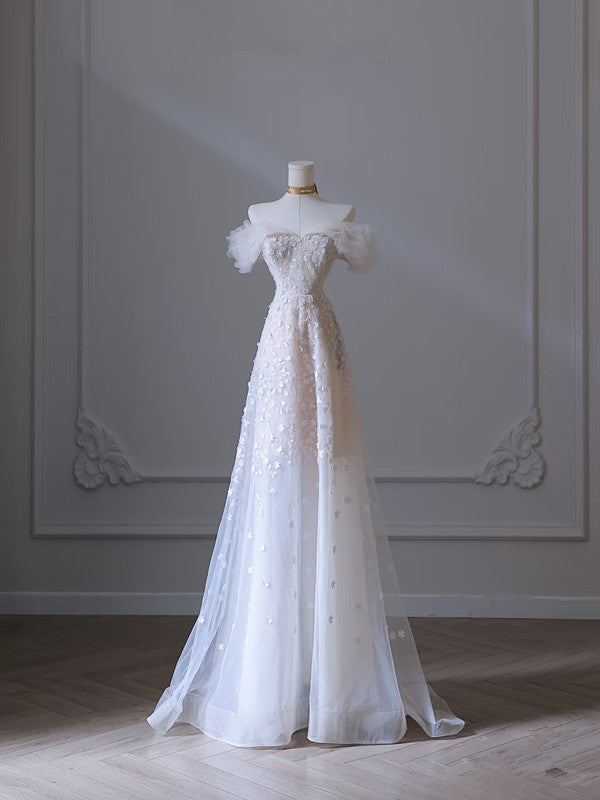 Pretty A Line Off The Shoulder White Tulle Floral Long Prom Dresses Party Evening Dress HZ1024