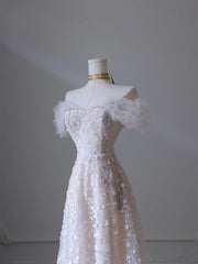 Pretty A Line Off The Shoulder White Tulle Floral Long Prom Dresses Party Evening Dress HZ1024
