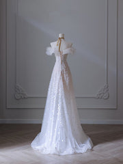 Pretty A Line Off The Shoulder White Tulle Floral Long Prom Dresses Party Evening Dress HZ1024
