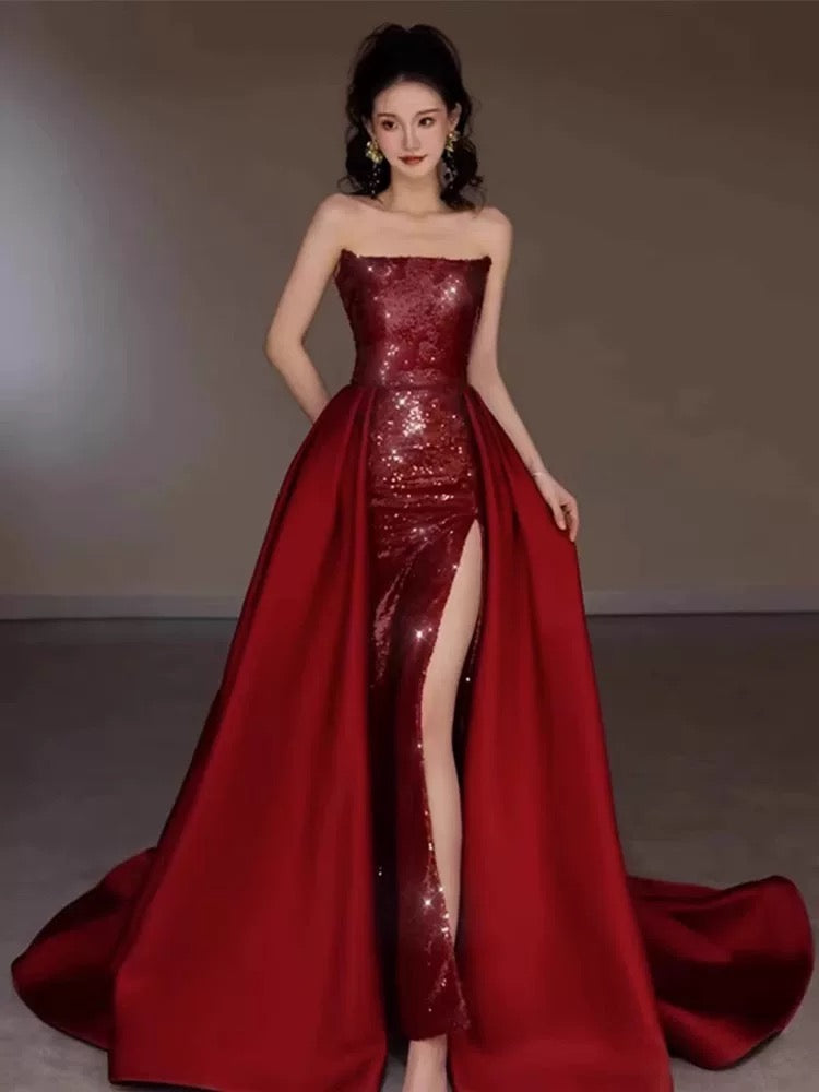 Sexy Mermaid Red Sleeveless Long Sequin Slit Prom Dress Evening Dresses HZ1024