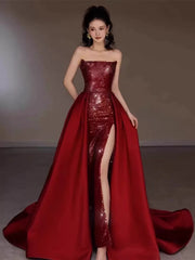 Sexy Mermaid Red Sleeveless Long Sequin Slit Prom Dress Evening Dresses HZ1024