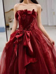 Pretty A line Strapless Burgundy Tulle Long Prom Dresses Party Evening Dress HZ1024