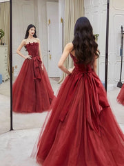 Pretty A line Strapless Burgundy Tulle Long Prom Dresses Party Evening Dress HZ1024