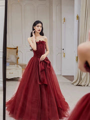 Pretty A line Strapless Burgundy Tulle Long Prom Dresses Party Evening Dress HZ1024