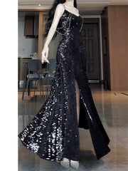 Pretty Sheath Spaghetti Straps Sequin Black Slit Long Prom Dresses Party Evening Dress HZ1024