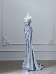 Pretty Mermaid Spaghetti Straps Sequin Blue Long Prom Dresses Party Evening Dress HZ1024