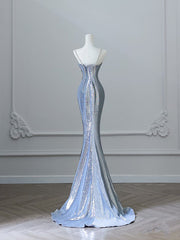 Pretty Mermaid Spaghetti Straps Sequin Blue Long Prom Dresses Party Evening Dress HZ1024