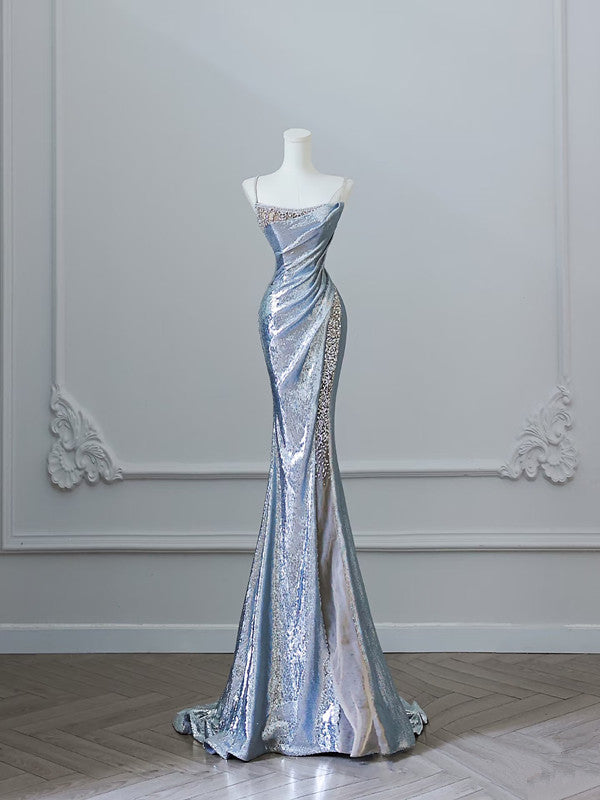 Pretty Mermaid Spaghetti Straps Sequin Blue Long Prom Dresses Party Evening Dress HZ1024