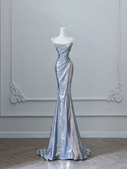 Pretty Mermaid Spaghetti Straps Sequin Blue Long Prom Dresses Party Evening Dress HZ1024