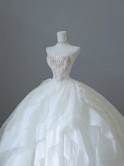 Unique Ball Gown Strapless Tulle White Long Wedding Dresses Brides Dress S3814