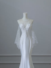 Unique Mermaid Scoop Long Sleeves Lace Wedding Dresses White Brides Dress S3819