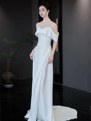 Unique Mermaid Off The Shoulder White Long Wedding Dresses With Short Sleeves Brides Dress S3822