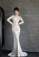 Unique Mermaid Off The Shoulder Long Sleeves Wedding Dresses Ivory Brides Dress S3826