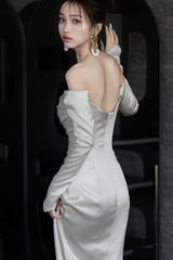 Unique Mermaid Off The Shoulder Long Sleeves Wedding Dresses Ivory Brides Dress S3826