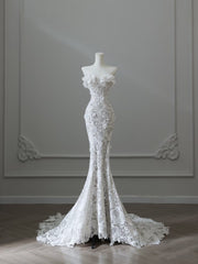 Princess Mermaid Strapless White Lace Long Wedding Dresses Brides Dress S3838