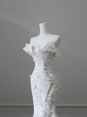 Princess Mermaid Strapless White Lace Long Wedding Dresses Brides Dress S3838