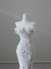 Princess Mermaid Strapless White Lace Long Wedding Dresses Brides Dress S3838