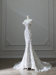 Princess Mermaid Strapless White Lace Long Wedding Dresses Brides Dress S3838