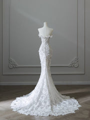 Princess Mermaid Strapless White Lace Long Wedding Dresses Brides Dress S3838
