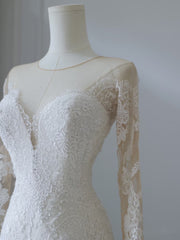 Unique Mermaid Scoop Neckline Long Sleeves Wedding Dresses White Brides Dress S3844