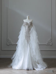 Modest Mermaid Off The Shoulder White Tulle Long Wedding Dresses Brides Dress S3846