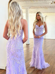 Mermaid Sweetheart Neck Lace Purple Long Prom Dress, Purple Formal Dress