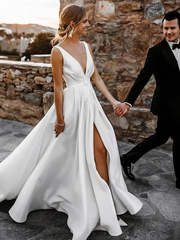 A-Line Wedding Dresses V Neck Court Train Satin Sleeveless Simple Sexy with Sashes  Ribbons Split Front