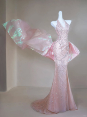 Gorgeous Mermaid Halter Light Pink Satin Beaded Long Prom Dress,Formal Evening Dress HZ1024