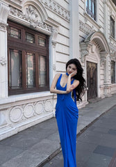 Unique Royal Blue Mermaid V Neck Satin Long Prom Dress,Formal Evening Dress HZ1024