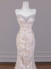 Shiny Mermaid Strapless Tulle Sequin Long Prom Dress,Formal Evening Dress HZ1024
