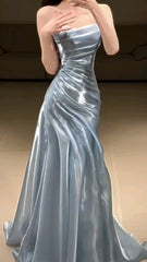 Classy Style A Line Strapless Pleated Satin Long Prom Dress, Bridesmaids Dress, Evening Dress HZ1024