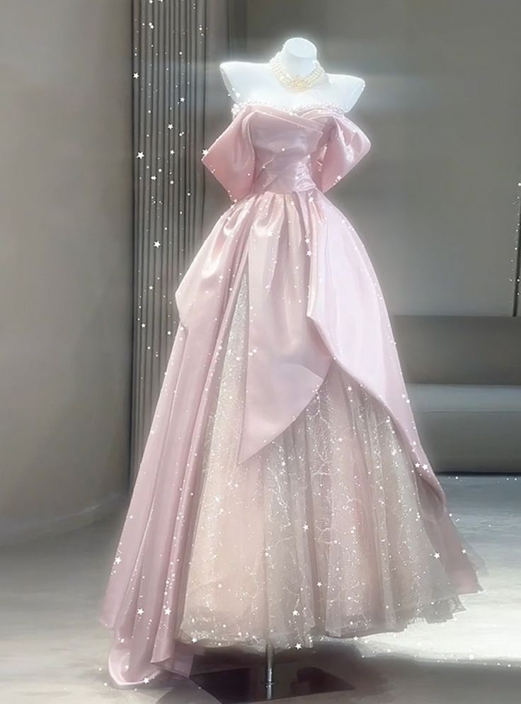 Beautiful A Line Off The Shoulder Pink Satin Tulle Sequin Long Prom Dress, Evening Dress HZ1024