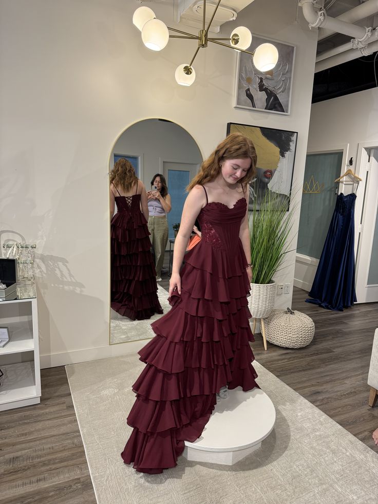 Chic A Line Spaghetti Straps Tiered Chiffon Lace Long Prom Dress, Evening Dress HZ1024