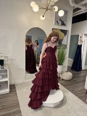 Chic A Line Spaghetti Straps Tiered Chiffon Lace Long Prom Dress, Evening Dress HZ1024