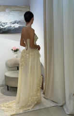 Pretty A Line Strapless Chiffon Lace Long Prom Dress, Evening Dress HZ1024
