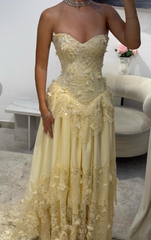 Pretty A Line Strapless Chiffon Lace Long Prom Dress, Evening Dress HZ1024