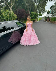 Sweet Ball Gown Pink Strapless Chiffon Long Prom Dress, Evening Dress HZ1024