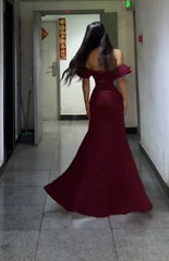 Formal Mermaid Off The Shoulder Burgundy Satin Slit Long Prom Dress, Evening Dress HZ1024