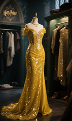Shiny Sexy Yellow Mermaid Off The Shoulder Sequin Slit Long Prom Dress, Evening Dress HZ1024